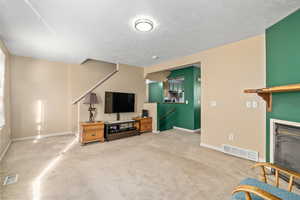 Living room featuring a textured ceiling and carpet