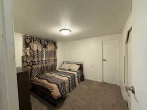 Bedroom featuring carpet and a textured ceiling