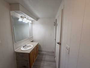 Bathroom with vanity, wood-type flooring, and a textured ceiling