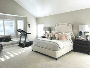 Bedroom with light carpet and high vaulted ceiling