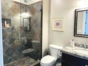 Bathroom with a shower with shower door, toilet, and oversized vanity