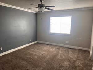 Empty room with ceiling fan, a textured ceiling, carpet floors, and ornamental molding