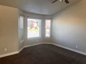 Unfurnished room with ceiling fan, a textured ceiling, and carpet