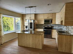 Kitchen featuring stainless steel appliances, hanging light fixtures, sink, and dark stone countertops