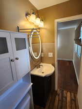 Bathroom with wood-type flooring and vanity