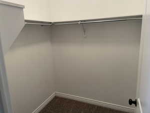 Walk in closet with carpet floors now that unit is vacant for new owners