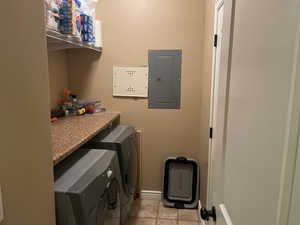 Laundry area with electric panel and independent washer and dryer