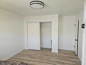 Unfurnished bedroom featuring light wood-type flooring, a textured ceiling, and a closet