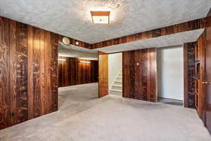 Basement featuring wood walls, a textured ceiling, and carpet