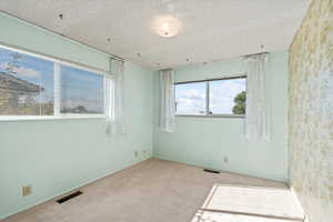 Carpeted empty room with a textured ceiling