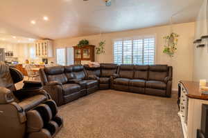 Living room featuring light carpet and vaulted ceiling