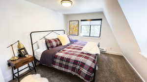 Bedroom with dark carpet and a baseboard radiator