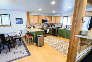 Kitchen featuring stainless steel appliances, decorative backsplash, sink, a kitchen breakfast bar, and light hardwood / wood-style floors