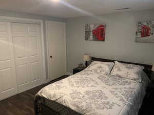 Bedroom featuring dark wood-type flooring, a textured ceiling, and a closet