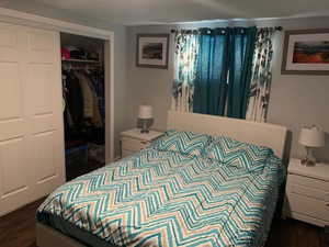 Bedroom with a closet and dark wood-type flooring