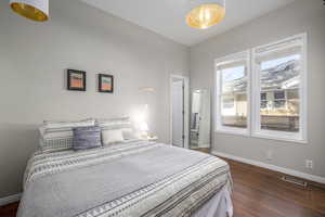 Bedroom with dark wood-type flooring