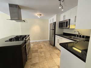 Kitchen with white cabinets, stainless steel appliances, sink, and ventilation hood