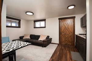 Living room featuring dark wood-type flooring, plenty of natural light, and a textured ceiling