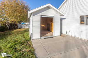 Shed with Door Open - has roll up door