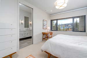 Bedroom featuring ensuite bathroom, sink, and light wood-type flooring