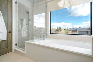 Bathroom with tile patterned floors and separate shower and tub