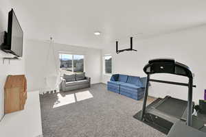 Workout area featuring carpet flooring