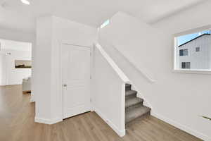 Stairs featuring wood-type flooring