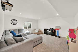 Living room with carpet floors