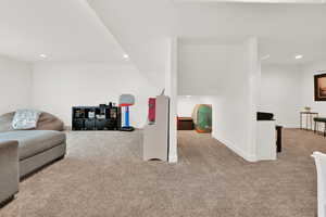 Living room featuring light colored carpet