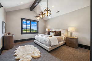 Bedroom with high vaulted ceiling, dark carpet, a chandelier, and beam ceiling