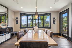 Dining room featuring dark wood-type flooring and a wealth of natural light