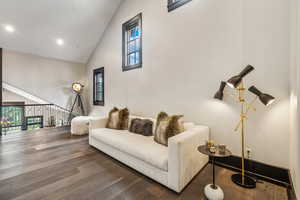 Living room with high vaulted ceiling and dark hardwood / wood-style floors