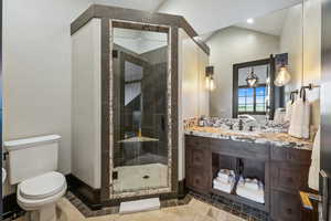 Bathroom with a shower with door, toilet, tile patterned floors, vanity, and vaulted ceiling