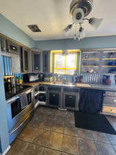 Kitchen with sink, ceiling fan, and electric range