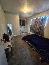 Carpeted bedroom featuring a textured ceiling