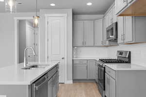 Kitchen with light hardwood / wood-style floors, hanging light fixtures, sink, gray cabinets, and appliances with stainless steel finishes