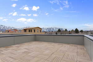 View of patio featuring a mountain view