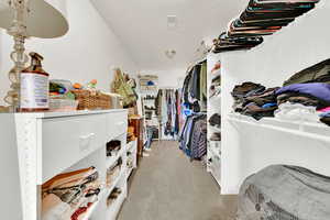 Walk in closet featuring light carpet