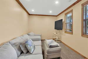 Living room featuring ornamental molding and carpet