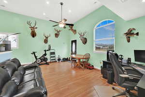 ADU Office featuring high vaulted ceiling, light wood-type flooring, and ceiling fan