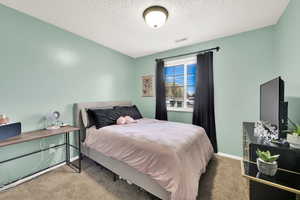 Carpeted bedroom featuring a textured ceiling