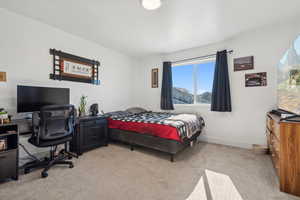 Bedroom featuring light colored carpet