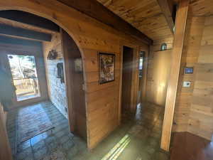 Hall featuring wood walls and wooden ceiling