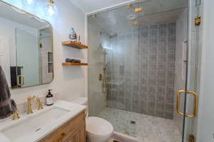 Bathroom featuring vanity, toilet, and an enclosed shower