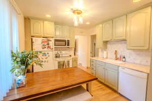 Kitchen featuring decorative backsplash, light hardwood / wood-style floors, sink, and white appliances