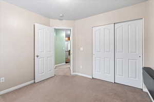 Unfurnished bedroom with light colored carpet, a textured ceiling, and a closet