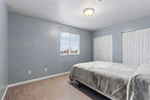 Bedroom featuring a textured ceiling, carpet flooring, and closet