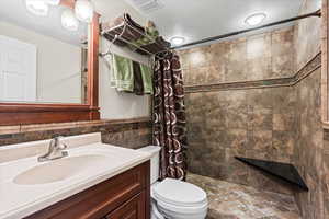 Basement bathroom with a shower with curtain, vanity, and toilet