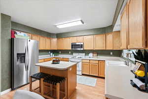 Kitchen with stainless steel appliances, light hardwood / wood-style floors, sink, a breakfast bar area, and a kitchen island