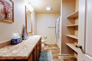 Bathroom with wood-type flooring, vanity, and toilet